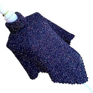 Vintage 80s Black and Multicolored Hand Knitted turtle neck Poncho Sweater